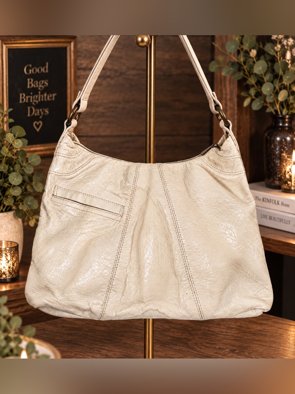 HOBO International Cream Patent Leather Slouchy Shoulder Bag